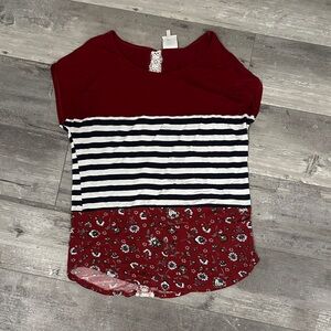 Chic Burgundy Striped and Floral Women's Top
